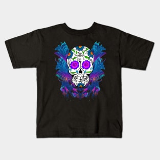 Blue Purple Floral Sugar Skull Day Of The Dead Kids T-Shirt